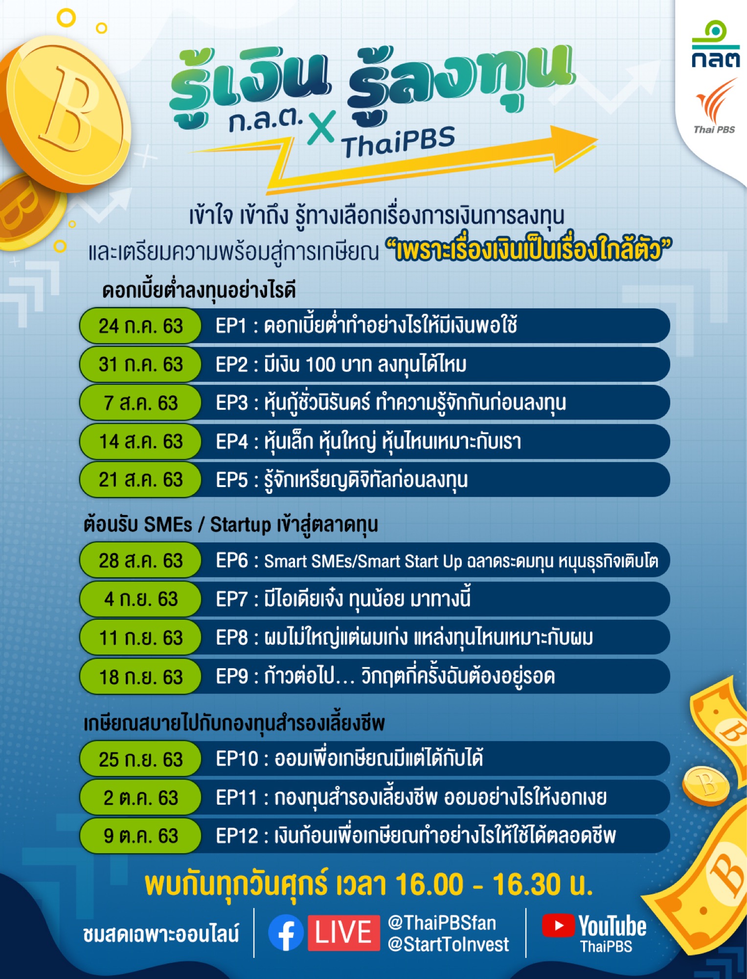 ก.ล.ต. จับมือไทยพีบีเอส ผลิตรายการสด “รู้เงิน รู้ลงทุน” 12 ตอนผ่านสื่อสังคมออนไลน์ ให้ความรู้ด้านการเงินการลงทุน