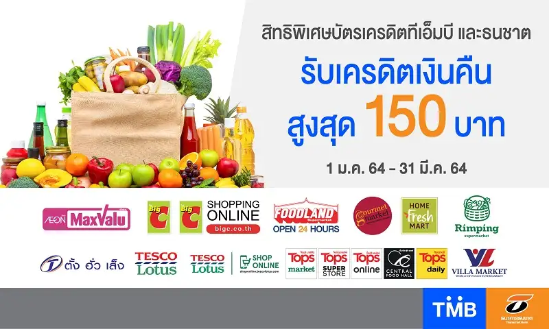 บัตรเครดิตทีเอ็มบีและธนชาต ให้ช้อปจุใจประหยัดสุดคุ้มที่ซูเปอร์มาร์เก็ตชั้นนำ รับเครดิตเงินคืนสูงสุด 150 บาท