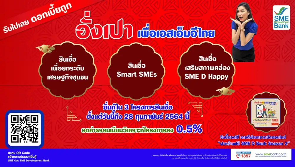 SME D Bank ส่งสุขเทศกาลตรุษจีน หนุนเอสเอ็มอีไทยซินนี้ฮวดไช้ มอบอั่งเปาสินเชื่อเสริมสภาพคล่องแถมลดค่าวิเคราะห์โครงการ ตลอดเดือน ก.พ.