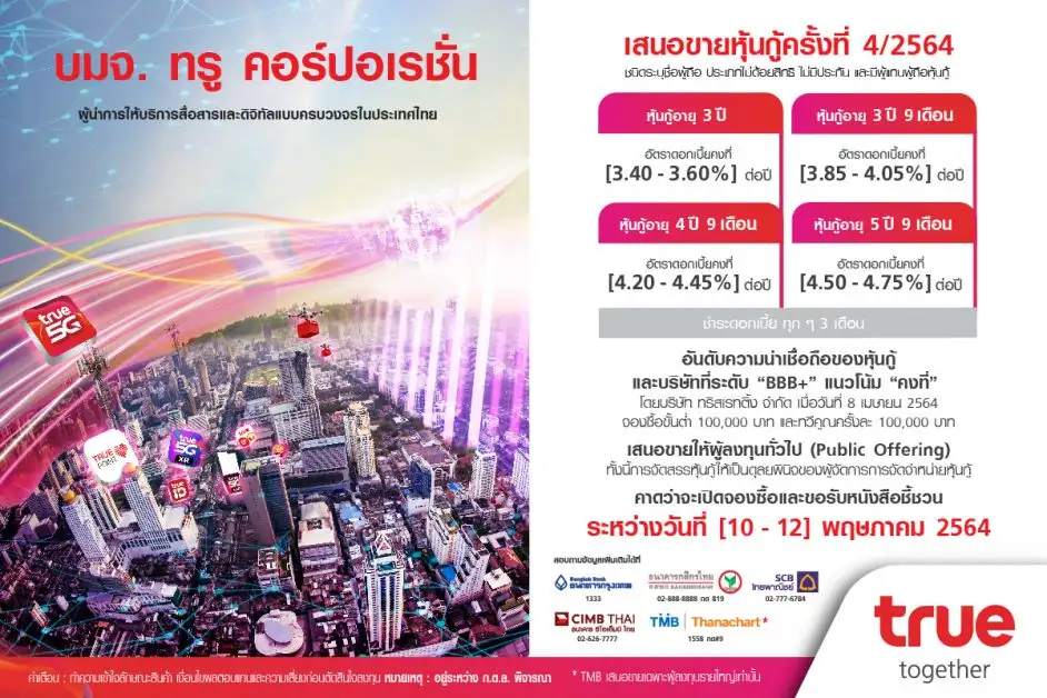 ทรู วางแผนออกหุ้นกู้ครั้งที่ 4/2564 เสริมความแข็งแกร่งเทคคอมปานี เปิดทางเลือกหุ้นกู้ 4 ชุด ดอกเบี้ยคงที่ระหว่าง 3.40-4.75% ต่อปี