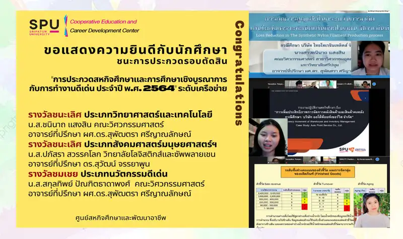 นศ.ม.ศรีปทุม สุดเจ๋ง! คว้า 3 รางวัล ผลงานสหกิจศึกษาฯ ระดับเครือข่ายอุดมศึกษาภาคกลางตอนบน