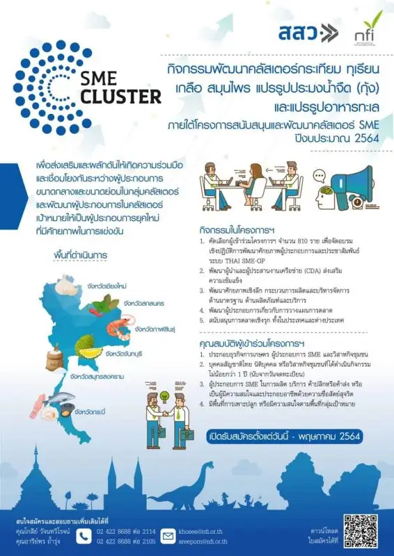 สสว. ร่วมกับสถาบันอาหาร รับสมัครผู้ประกอบการ กิจกรรมพัฒนาคลัสเตอร์ กระเทียม ทุเรียน เกลือ สมุนไพร แปรรูปประมงน้ำจืด (กุ้ง) และแปรรูปอาหารทะเล