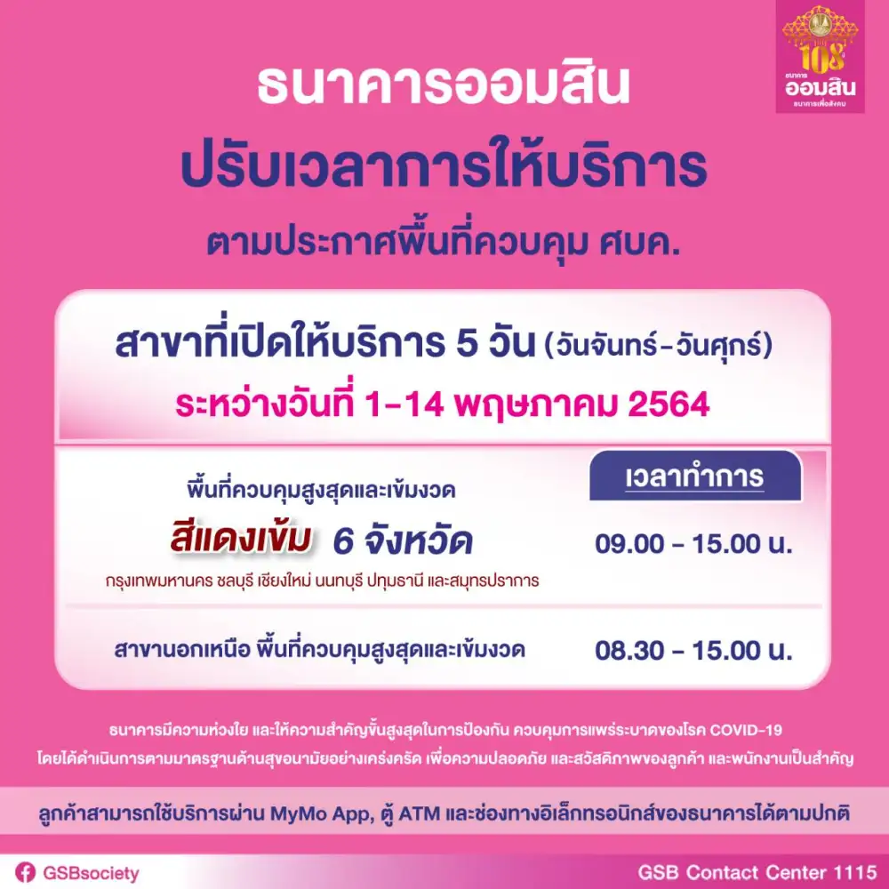 แบงก์ออมสิน ปรับเวลาให้บริการสาขาในพื้นที่สีแดงเข้มเป็น 09.00-15.00 น.