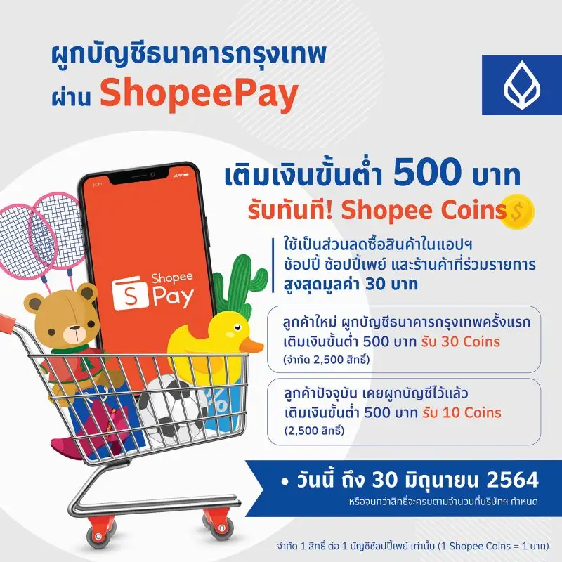 ธนาคารกรุงเทพ จับมือ ShopeePay ชวนชาวไทยผูกบัญชีผ่าน ShopeePay รับสิทธิพิเศษสุดคุ้ม ผูกก่อน รับสิทธิก่อน ด่วน! จำนวนจำกัด