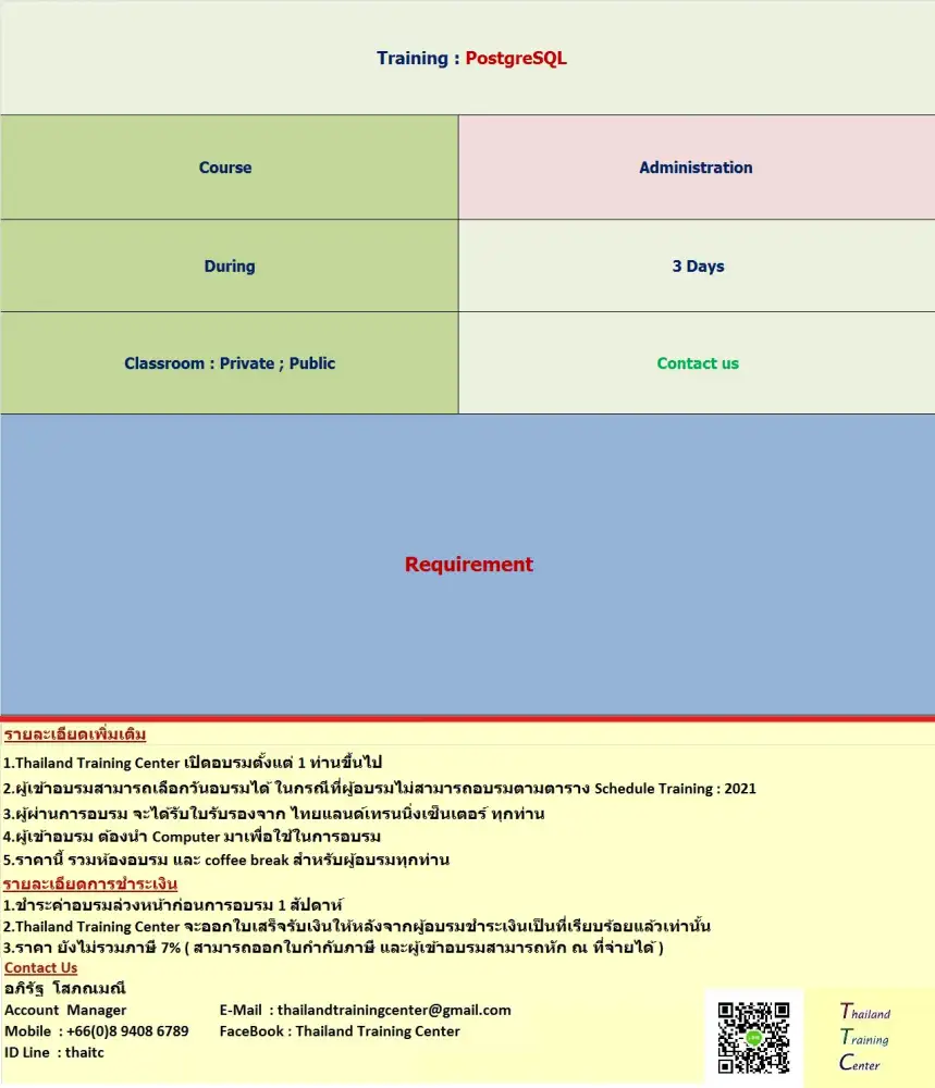 Thailand Training Center เปิดอบรมหลักสูตร PostgreSQL Administration