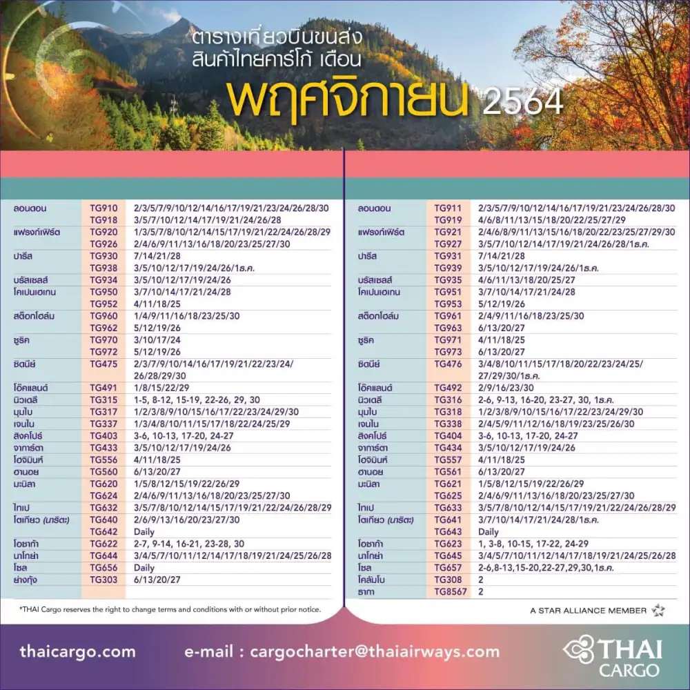 THAI ให้บริการคาร์โก้ตามตารางฤดูหนาว 30 เส้นทางในเอเชีย-ยุโรป-ออสเตรเลีย