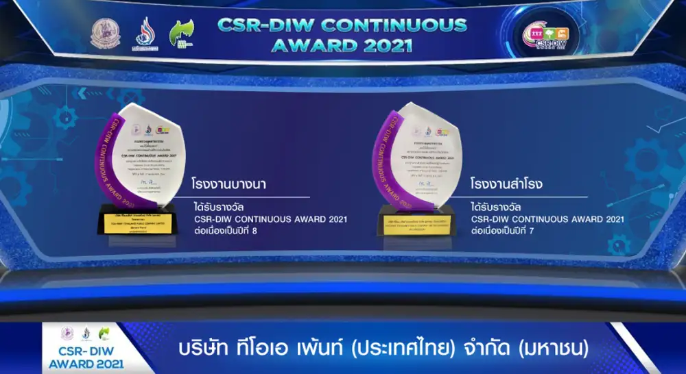 TOA รับรางวัล CSR-DIW CONTINUOUS AWARD ประจำปี 2564