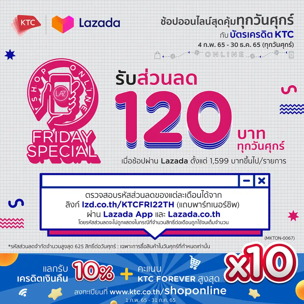 เคทีซี-ลาซาด้าเปิดประสบการณ์ช้อปสุดคุ้มทุกวันศุกร์ พร้อมแจกโค้ดส่วนลดผ่านแอปฯ