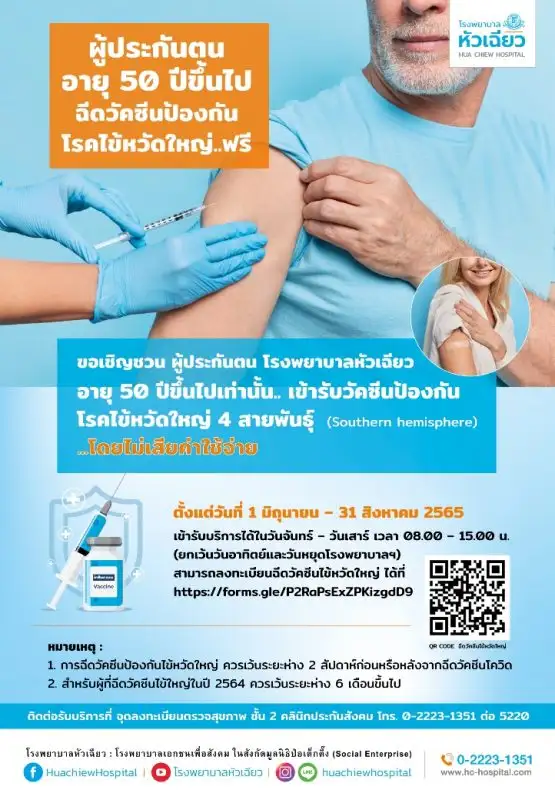 ฉีดวัคซีนไข้หวัดใหญ่ฟรี สำหรับผู้ประกันตนโรงพยาบาลหัวเฉียว อายุ 50 ปีขึ้นไป