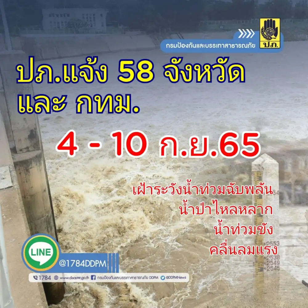 กรมป้องกันฯ เตือน 58 จ.และกทม. เฝ้าระวังน้ำท่วมฉับพลัน น้ำท่วมขัง 4-10 ก.ย.