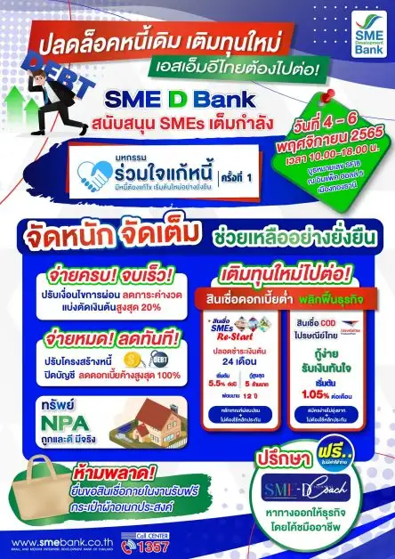 SME D Bank ดัน 3 โปรโมชั่น บอกลาปัญหาหนี้ ใน 'มหกรรมร่วมใจแก้หนี้ฯ' จัดเต็มช่วยเอสเอ็มอี จ่ายครบจบเร็ว ลดดอกเบี้ยค้างสูงสุด 100% เติมทุนใหม่ไปต่อ
