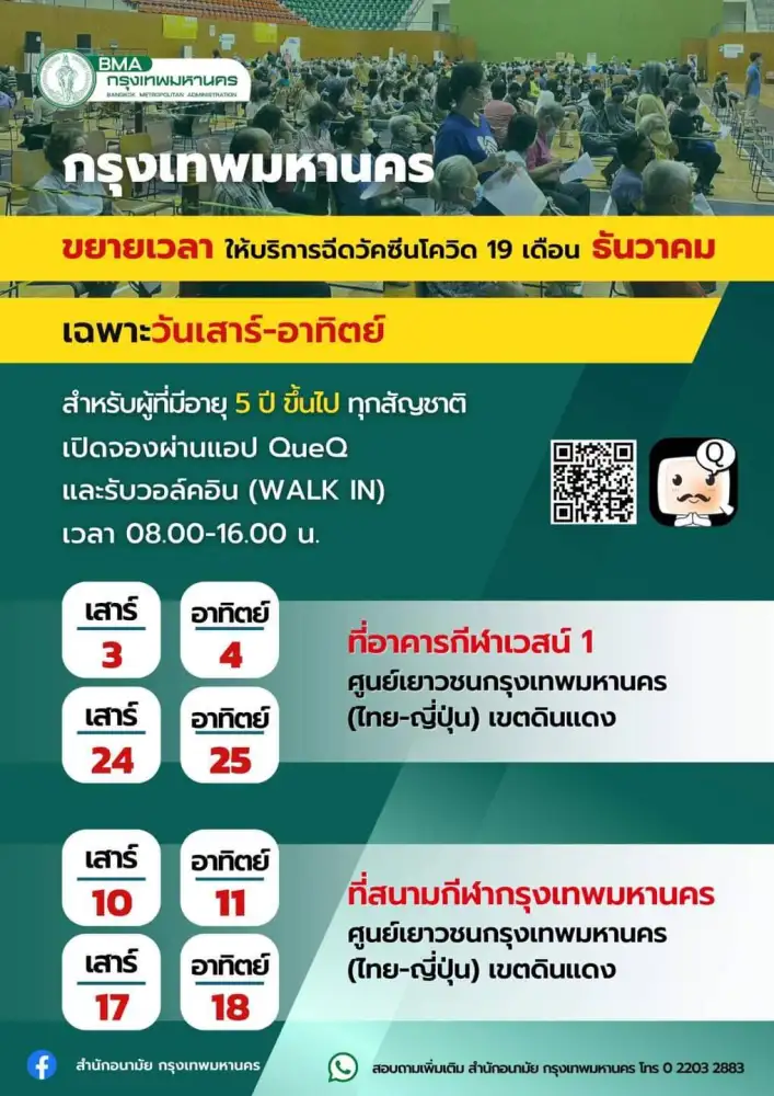 กทม.ขยายเวลาบริการฉีดวัคซีนโควิดเดือน ธ.ค.เฉพาะ เสาร์-อาทิตย์!!