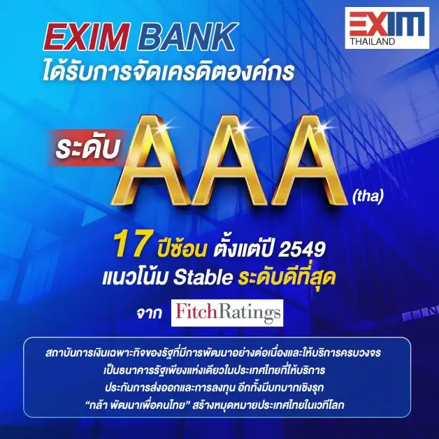 EXIM BANK โชว์สถานะทางการเงินแข็งแกร่ง คงอันดับเครดิตภายในประเทศระดับ AAA(tha) เป็นปีที่ 17 ติดต่อกัน