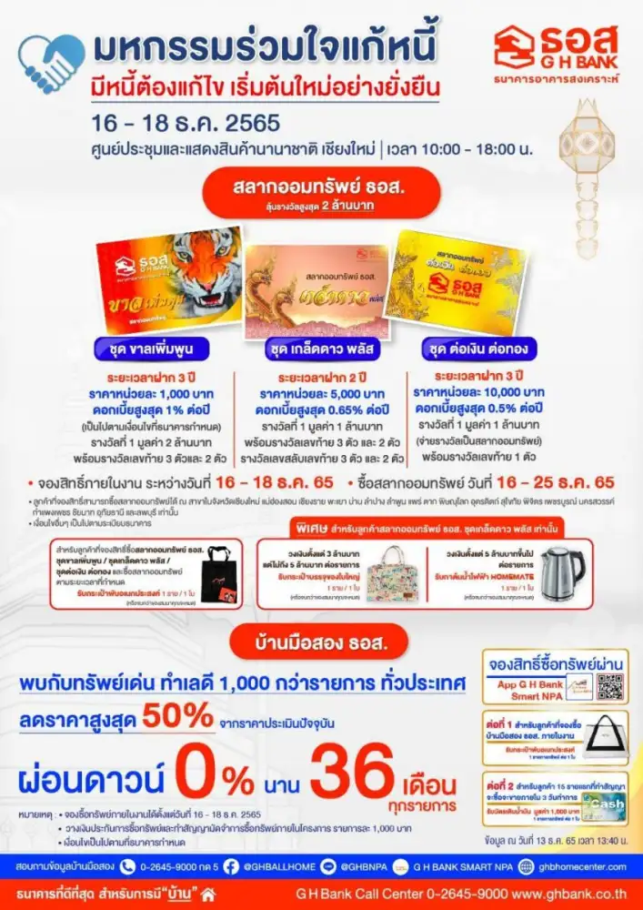 ธอส. พร้อมใจช่วยแก้หนี้ เสริมสภาพคล่องให้ลูกค้าชาวภาคเหนือ ในงานมหกรรมร่วมใจแก้หนี้ฯ สัญจร ครั้งที่ 3 จ.เชียงใหม่ วันที่ 16-18 ธ.ค.2565 นี้