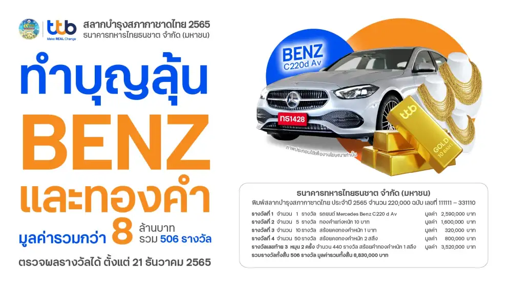 ทีเอ็มบีธนชาต ประกาศผลรางวัลสลากบำรุงกาชาดไทย ประจำปี 2565 มอบรางวัลใหญ่เบนซ์และทองคำ มูลค่ารวมกว่า 8 ล้านบาท