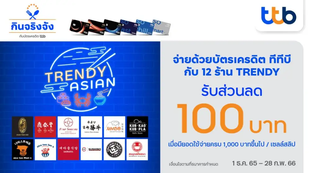 บัตรเครดิต ทีทีบี เอาใจสายกิน มอบส่วนลด 100 บาท ที่ร้านอาหารสุดอินเทรนด์