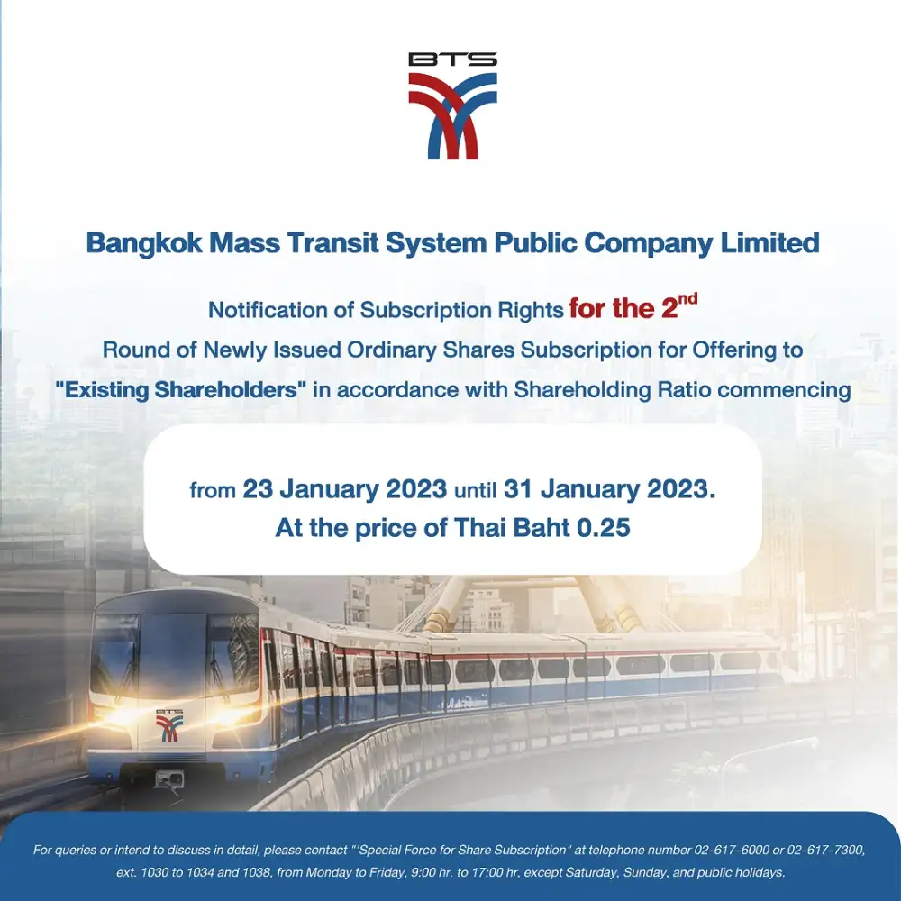 BTS Notification of Subscription Rights for the 2nd Round of Newly Issued Ordinary Shares from 23 January 2023 until 31 January 2023