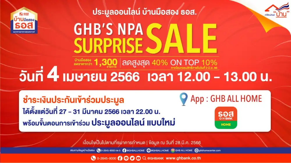 กลับมาอีกครั้ง!! ธอส. เปิดประมูลบ้านมือสองออนไลน์ ครั้งแรกของปี วันที่ 4 เม.ย.66 นี้ จัดทรัพย์เด่นกว่า 1,300 รายการทั่วประเทศ พร้อมส่วนลดสูงสุดถึง 40% และ On Top อีก 10%