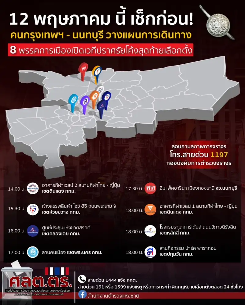 ระวังรถติด! แนะเลี่ยงเส้นทาง 8 จุดปราศรัยใหญ่ กทม.และปริมณฑล