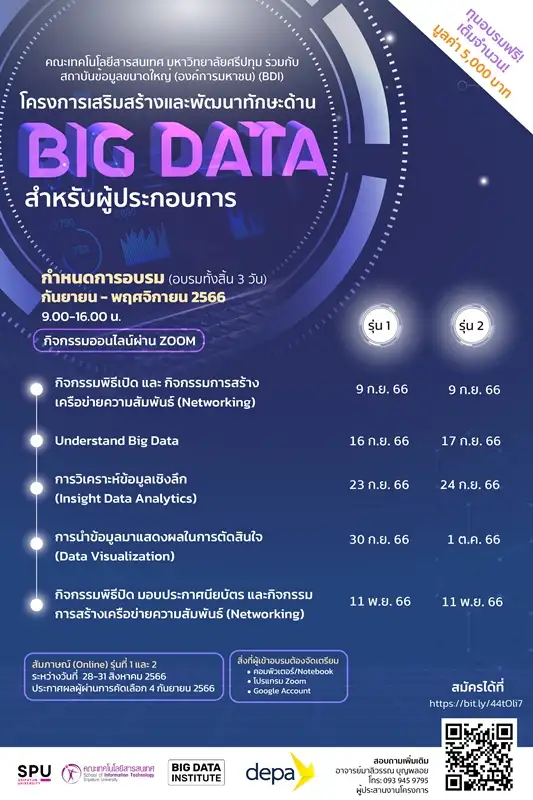 IT SPU ร่วมกับ BDI ขอเชิญชวนผู้ประกอบการหรือผู้ที่ทำงานในกลุ่มธุรกิจ เข้าร่วมอบรม ออนไลน์ โครงการเสริมสร้างและพัฒนาทักษะด้าน BIG DATA