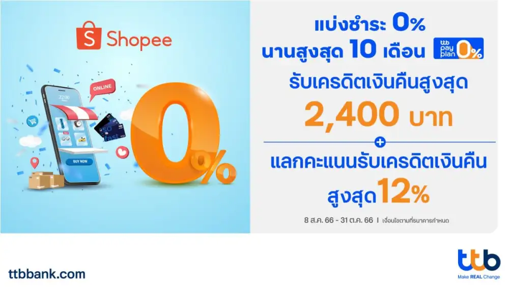 ทีทีบี จับมือ ช้อปปี้ เปิดบริการผ่อนชำระสบายๆ ด้วยบัตรเครดิต ttb ดอกเบี้ย 0% นานสูงสุด 10 เดือน และรับเครดิตเงินคืนสูงสุด 2,400 บาท