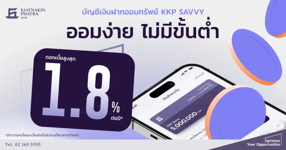 KKP อัพดอกเบี้ยฝาก SAVVY เพิ่มสูงสุด 1.8% เอาใจคนชอบออม ตั้งเป้าระดมยอด 3 หมื่นลบ.