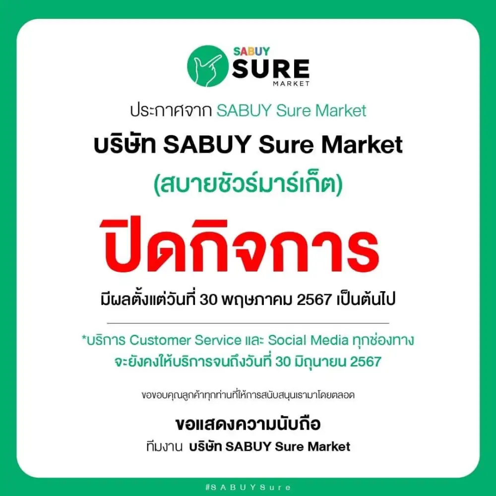 SABUY ปิดกิจการ SABUY Sure Market ธุรกิจร้านมือถือมือสอง มีผลตั้งแต่ 30 พ.ค.นี้
