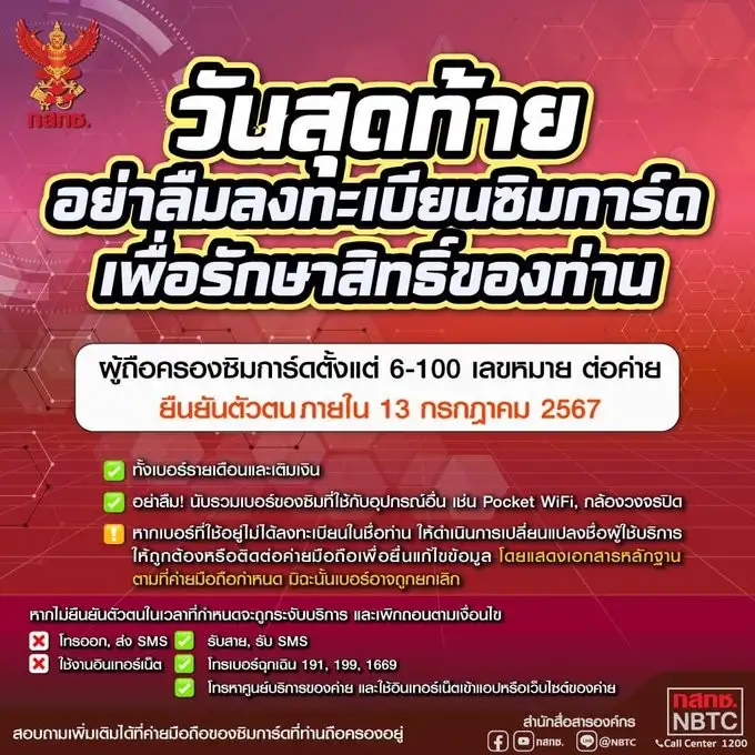 กสทช. เตือน! 13 ก.ค.วันสุดท้ายลงทะเบียนซิมการ์ด รีบรักษาสิทธิก่อนซิมดับ