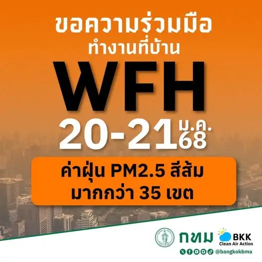 กทม. ขอความร่วมมือ WFH 20-21 ม.ค. หลังค่าฝุ่น PM 2.5 สีส้มเกิน 35 เขต
