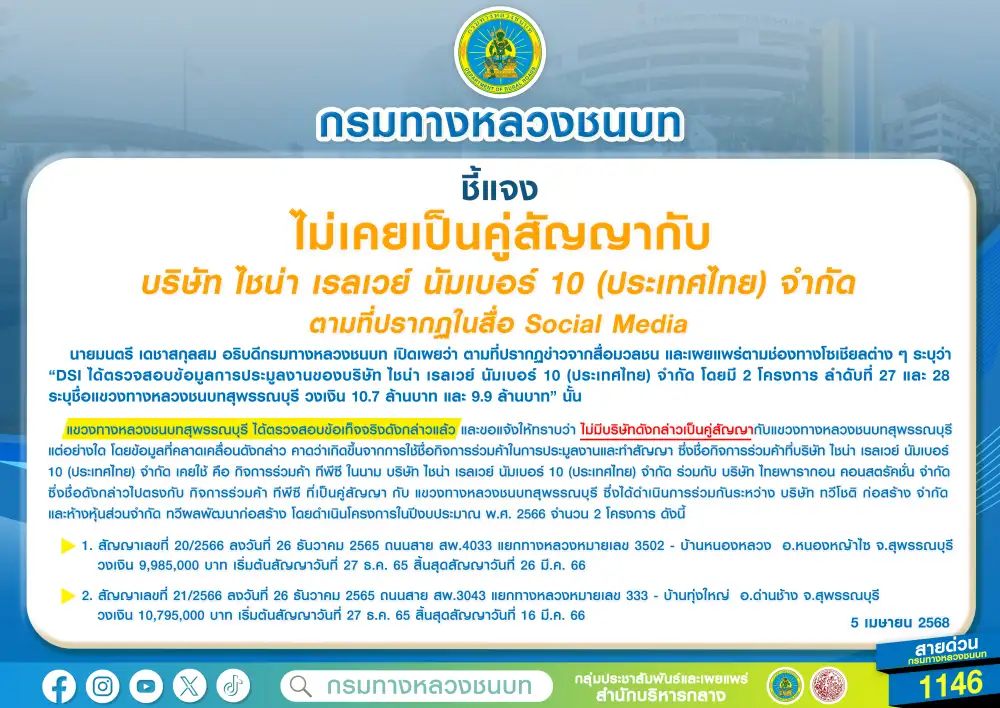กรมทางหลวงชนบท ปัดเป็นคู่สัญญากับ