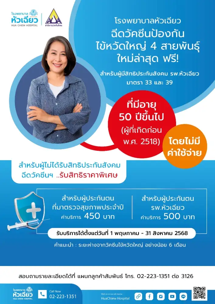 สุขภาพดีเริ่มต้นที่การป้องกัน! ฉีดวัคซีนไข้หวัดใหญ่ฟรี สำหรับผู้ประกันตนโรงพยาบาลหัวเฉียว อายุ 50 ปีขึ้นไป