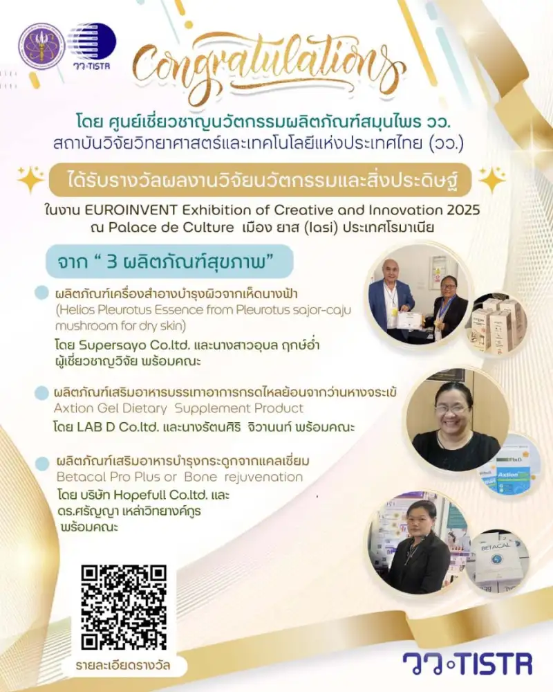 วว./ผู้ประกอบการ คว้ารางวัลผลงานวิจัย นวัตกรรมและสิ่งประดิษฐ์ ในงาน EUROINVENT Exhibition of Creative and Innovation 2025 ณ ประเทศโรมาเนีย