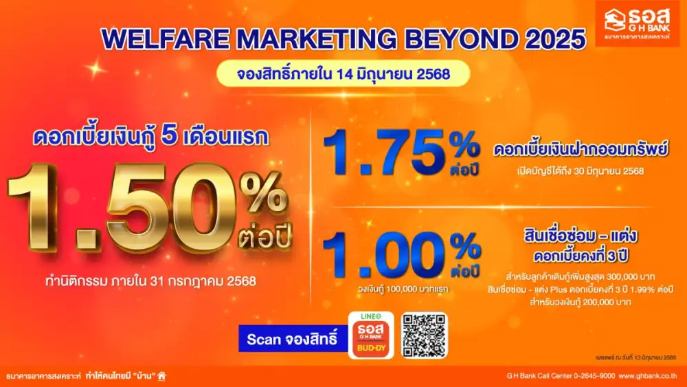 โค้งสุดท้ายโปรโมชันงาน Welfare Marketing Beyond 2025 ลูกค้าที่สนใจสามารถจองสิทธิ์ผ่าน Line GHB Buddy ได้ถึงวันที่ 14 มิถุนายน 2568