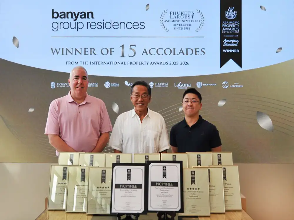 บันยันกรุ๊ป คว้ารางวัลสูงสุดจากงาน 'Asia-Pacific Property Awards 2025-6' ครองตำแหน่งผู้พัฒนาอสังหาริมทรัพย์ที่ได้รับรางวัลมากที่สุดในประเทศไทยเป็นปีที่สองติดต่อกัน โดยคว้ารางวัลถึง 15 รางวัล