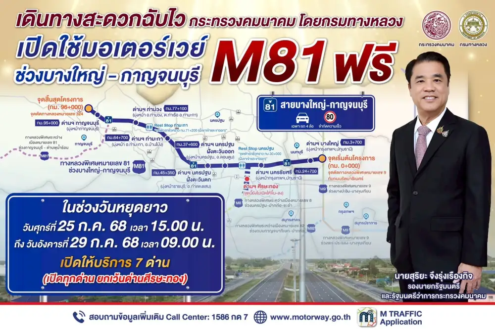 เปิดวิ่งฟรีมอเตอร์เวย์ M81 รับช่วงหยุดยาว 25-29 ก.ค.