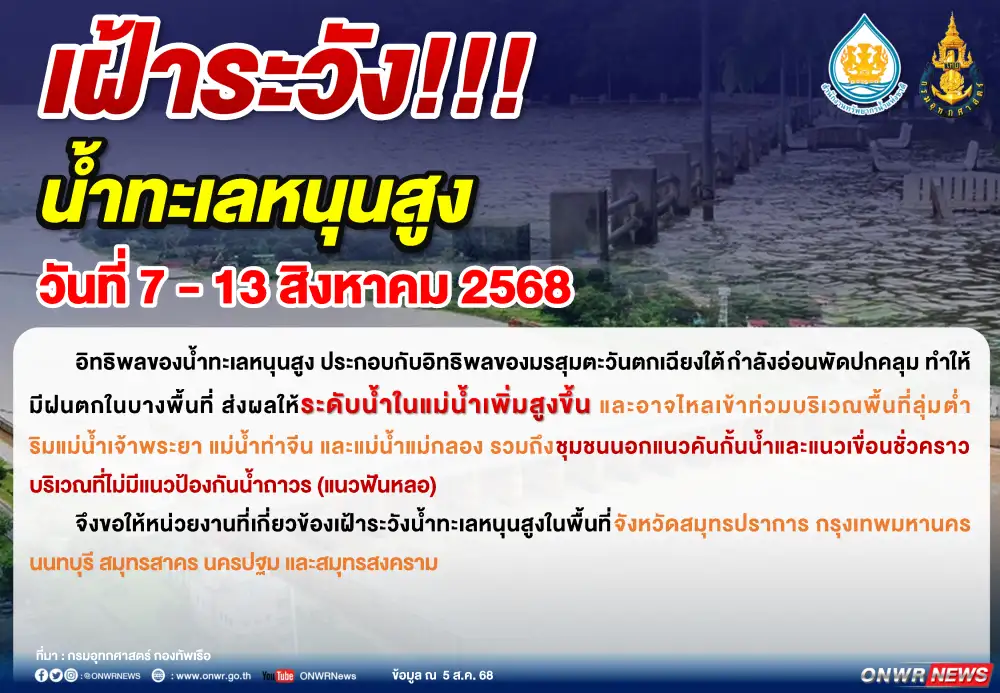 เตือน 6 จังหวัดริมเจ้าพระยา-ท่าจีน-แม่กลอง เฝ้าระวังน้ำทะเลหนุนสูง 7-13 ส.ค.
