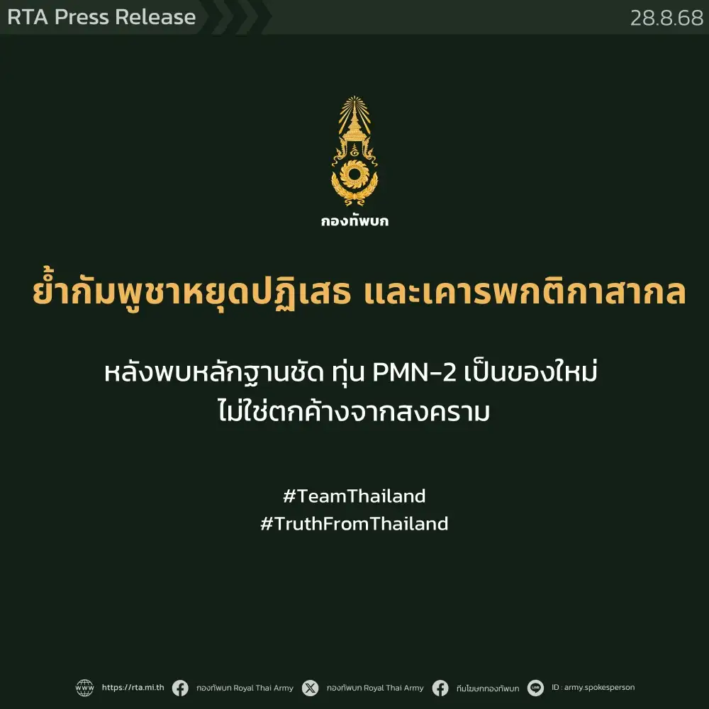 ไทย-กัมพูชา: โฆษกทบ. จี้กัมพูชาเคารพกติกาสากล ยันมีหลักฐานระเบิด PMN-2 เป็นของใหม่ ไม่ใช่ตกค้าง