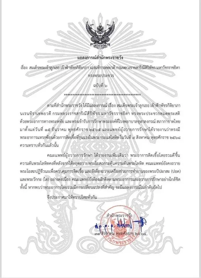 แถลงการณ์สำนักพระราชวัง พระอาการติดเชื้อโดยรวมของ