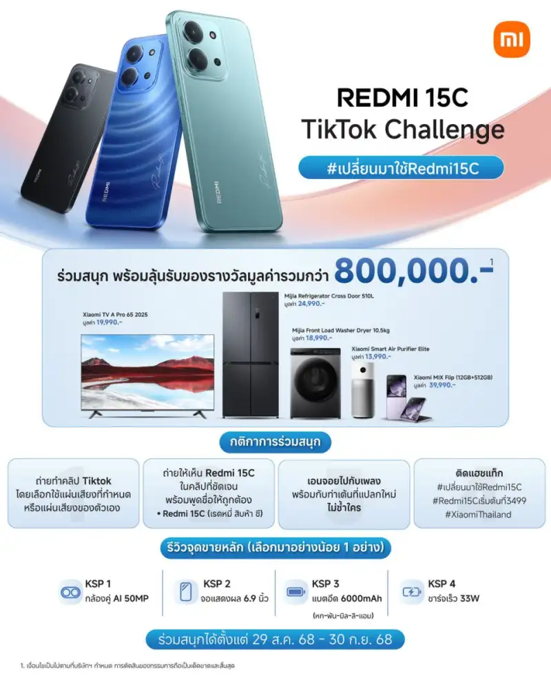เสียวหมี่ ประเทศไทย วางจำหน่าย Redmi 15C ในราคาเริ่มต้นที่ 3,499 บาท