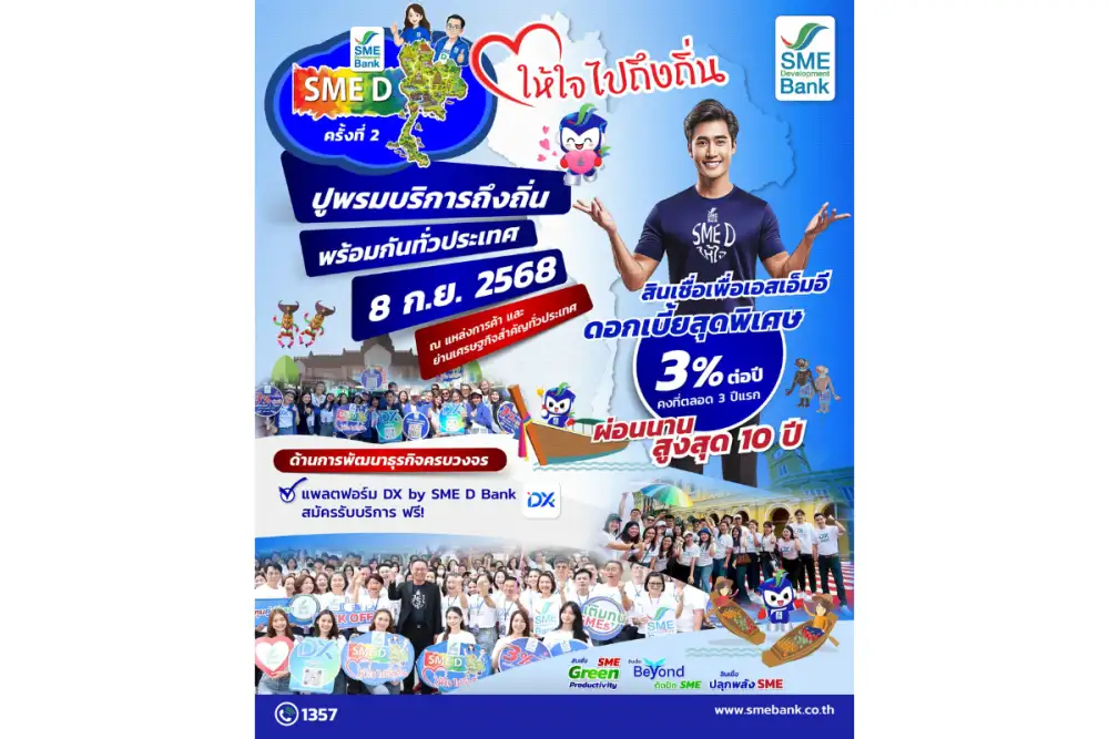 SME D Bank ดีเดย์ 8 ก.ย. ยกทัพมอบบริการถึงถิ่นเพื่อเอสเอ็มอีไทย ปูพรมเสิร์ฟสินเชื่อดอกเบี้ยต่ำ 3% ต่อปี กระตุ้นเศรษฐกิจคึกคักทั่วประเทศ