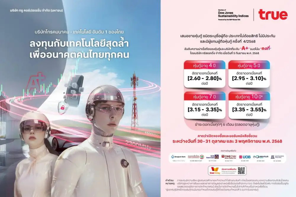 TRUE จ่อขายหุ้นกู้ 4 ชุด ดอกเบี้ย 2.60-3.55% คาดจองซื้อ 30-31 ต.ค.,3 พ.ย.