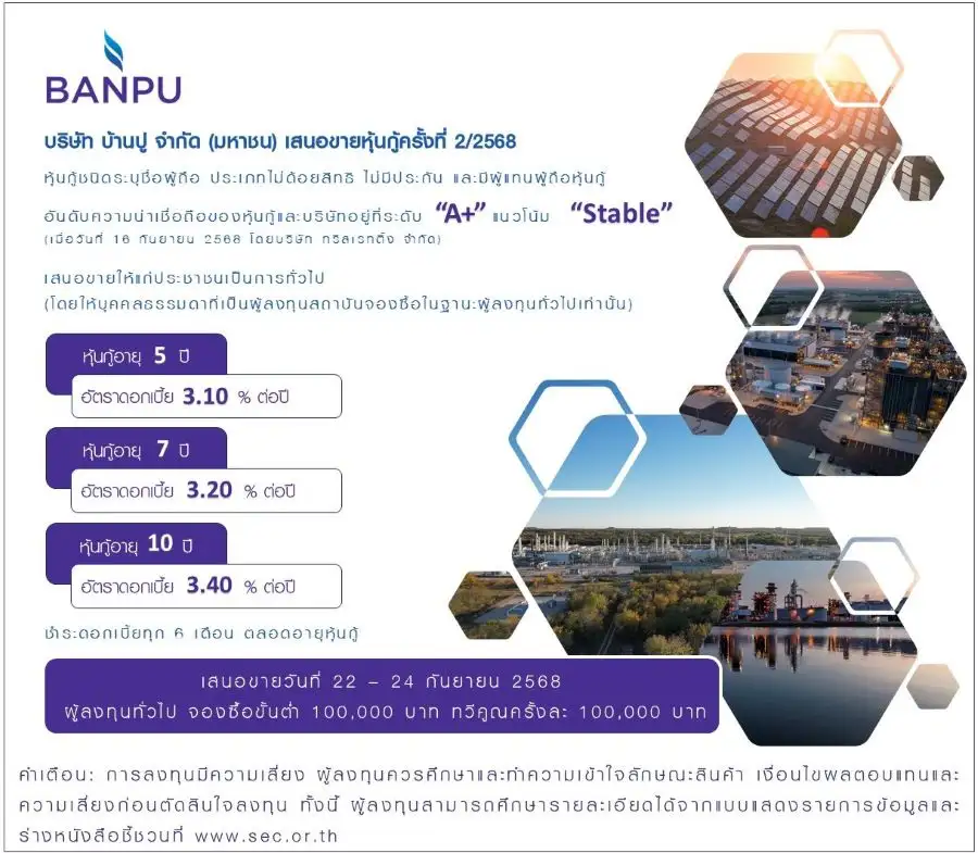 BANPU เคาะดอกเบี้ยหุ้นกู้ 3 ชุด อายุ 5-10 ปี 3.10-3.40% ขายผู้ลงทุนทั่วไป 22-24 ก.ย.