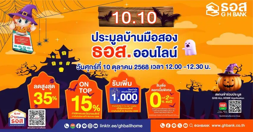 ธอส. จัดประมูลบ้านมือสองออนไลน์ เที่ยงตรง! 10 เดือน 10 ลดสูงสุด 35%