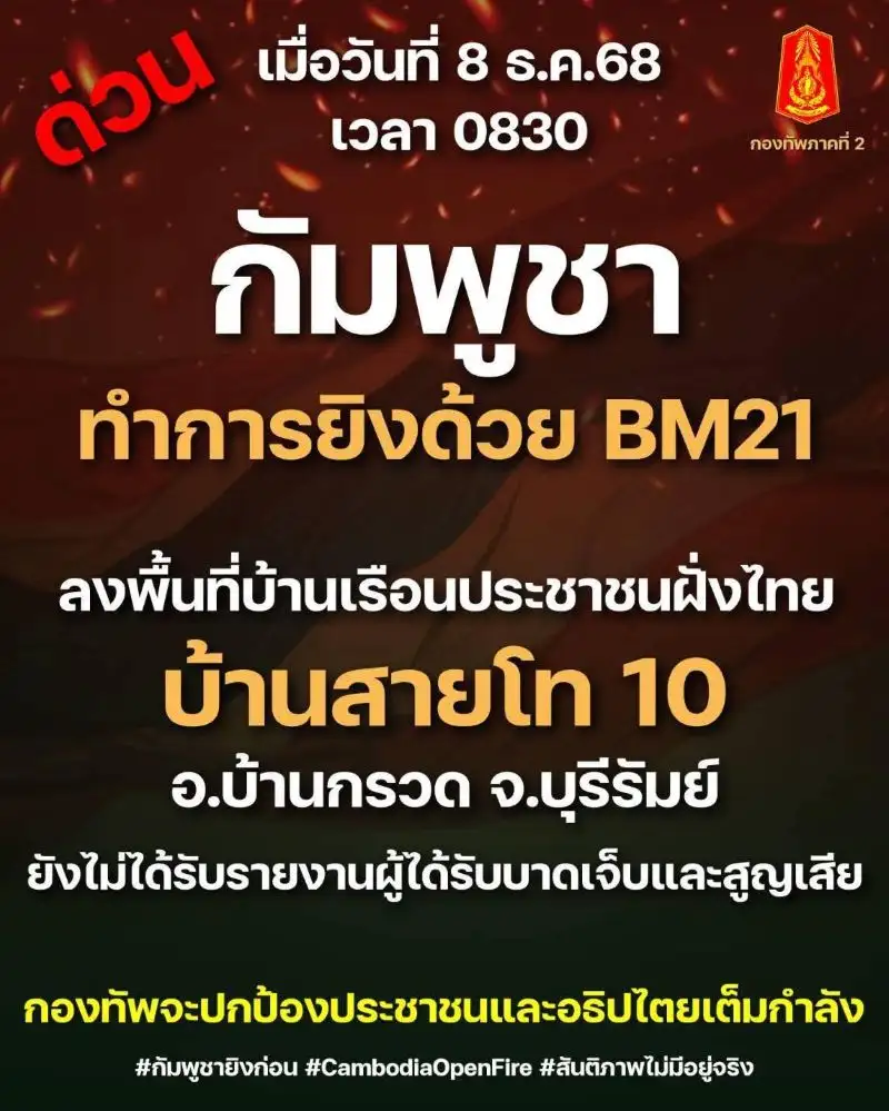 ไทย-กัมพูชา: ปะทะต่อเนื่องชายแดน ถล่มกันด้วยอาวุธหนัก นายกฯ ประชุมด่วนความมั่นคงเช้านี้