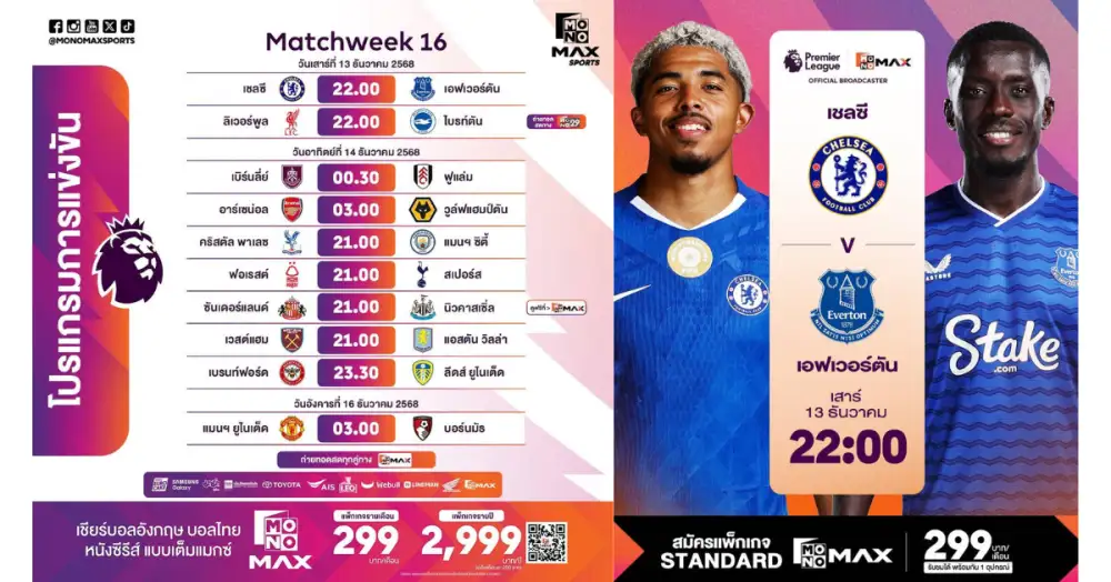 พรีเมียร์ลีกฯ สัปดาห์ 16 เดือด!!! Monomax ถ่ายทอดสดครบทุกคู่ บิ๊กแมตซ์