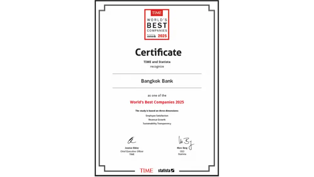 ธนาคารกรุงเทพ ปลื้ม! ติดอันดับบริษัทที่ดีที่สุดของโลก ปี 2025 นิตยสาร Time