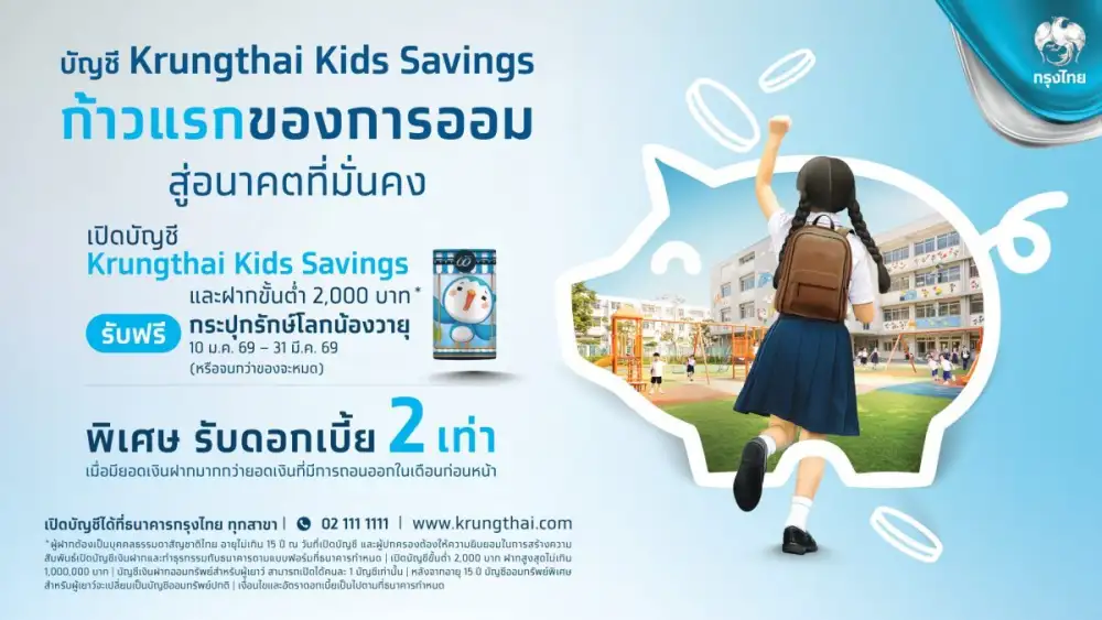 กรุงไทยมอบของขวัญวันเด็ก เริ่มต้นก้าวแรกการออม ด้วยบัญชี Krungthai Kids Savings รับดอกเบี้ย และโบนัสรวมเป็น 2 เท่า พร้อมกระปุกน้องวายุ