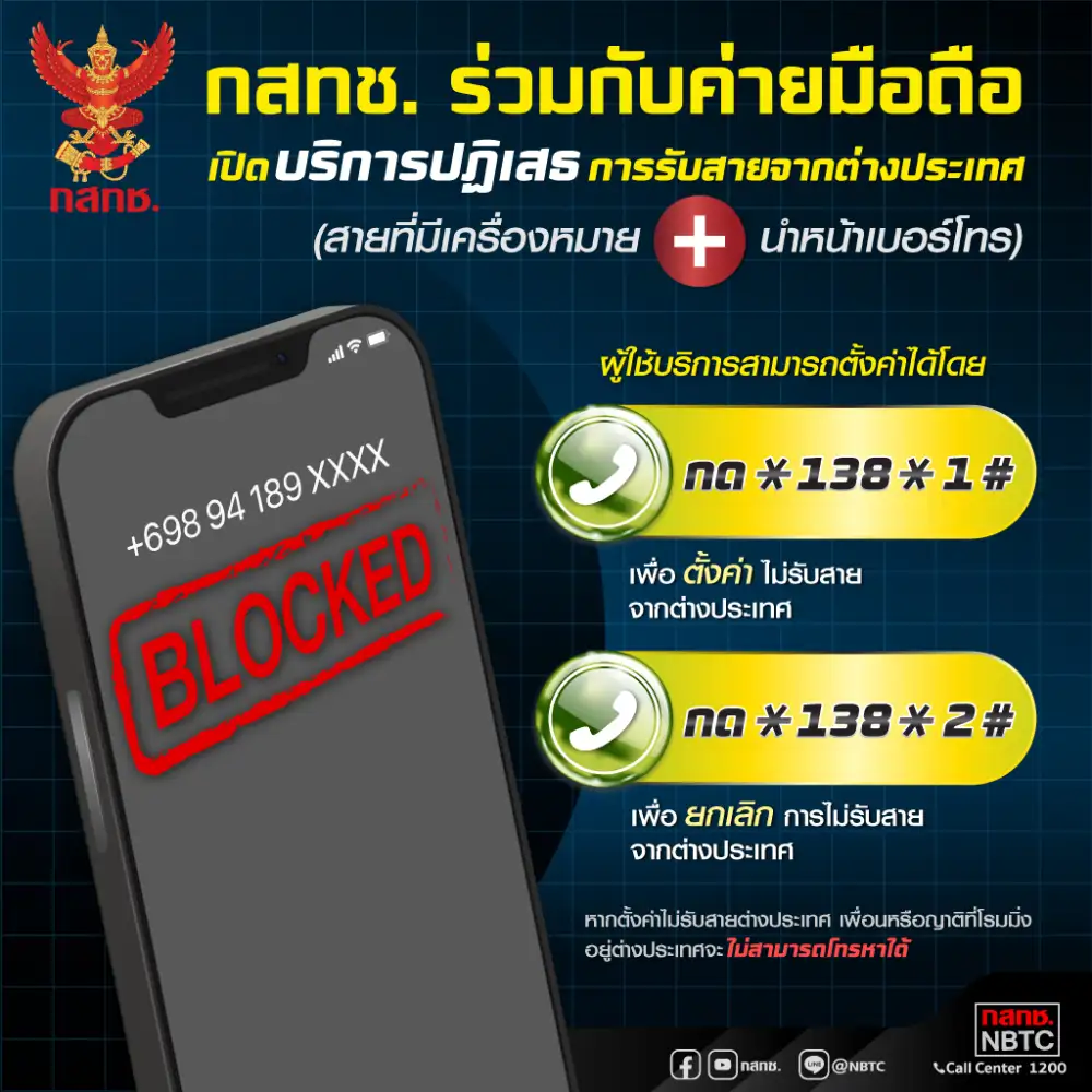สำนักงาน กสทช. เตือนประชาชนสังเกตสายโทรเข้าจากต่างประเทศ พร้อมวิธีบล็อกเบอร์ต่างประเทศ กด *138*1# และโทรออก