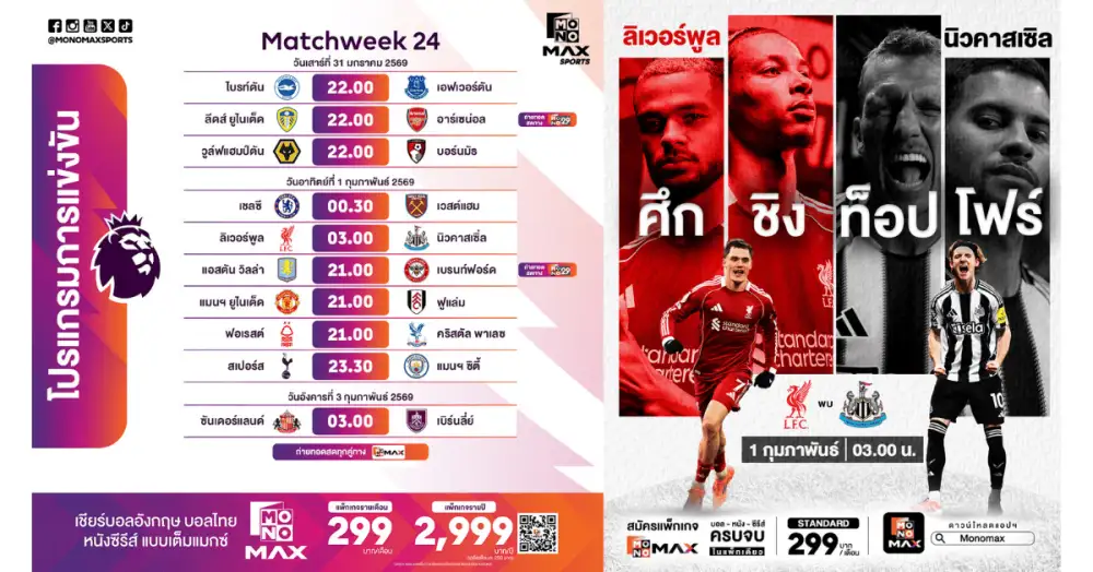 ศึกพรีเมียร์ลีกปลายเดือนเดือด Monomax ถ่ายทอดครบทุกคู่ 