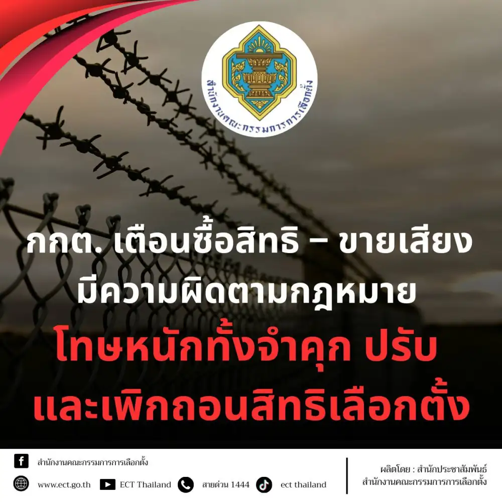 เลือกตั้ง'69: กกต.เตือนซื้อสิทธิ-ขายเสียงมีความผิดกฎหมายมีโทษหนักจำคุก-ปรับ เพิกถอนสิทธิเลือกตั้ง
